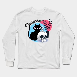 Scary Black Cat With Skull Long Sleeve T-Shirt